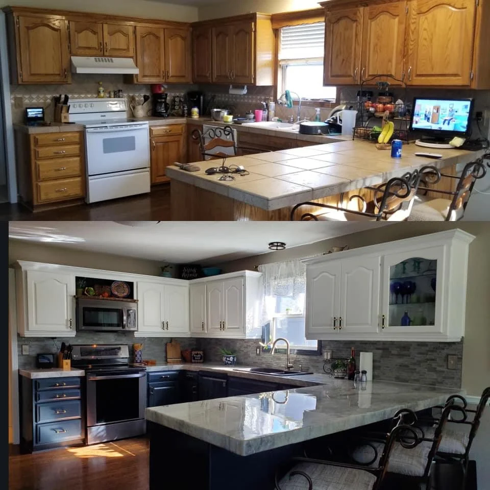 Kitchen comparison showing wood cabinets and a tiled counter above updated cabinets and a glossy counter
